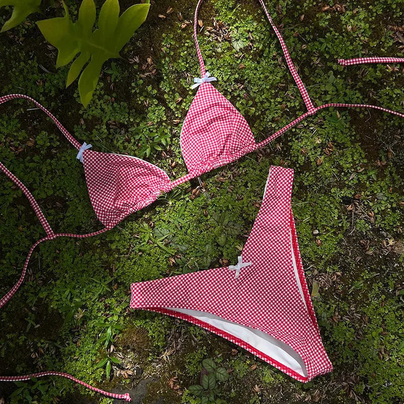 Isabella Gingham Bow Triangle Bikini Sunset and Swim Red S 