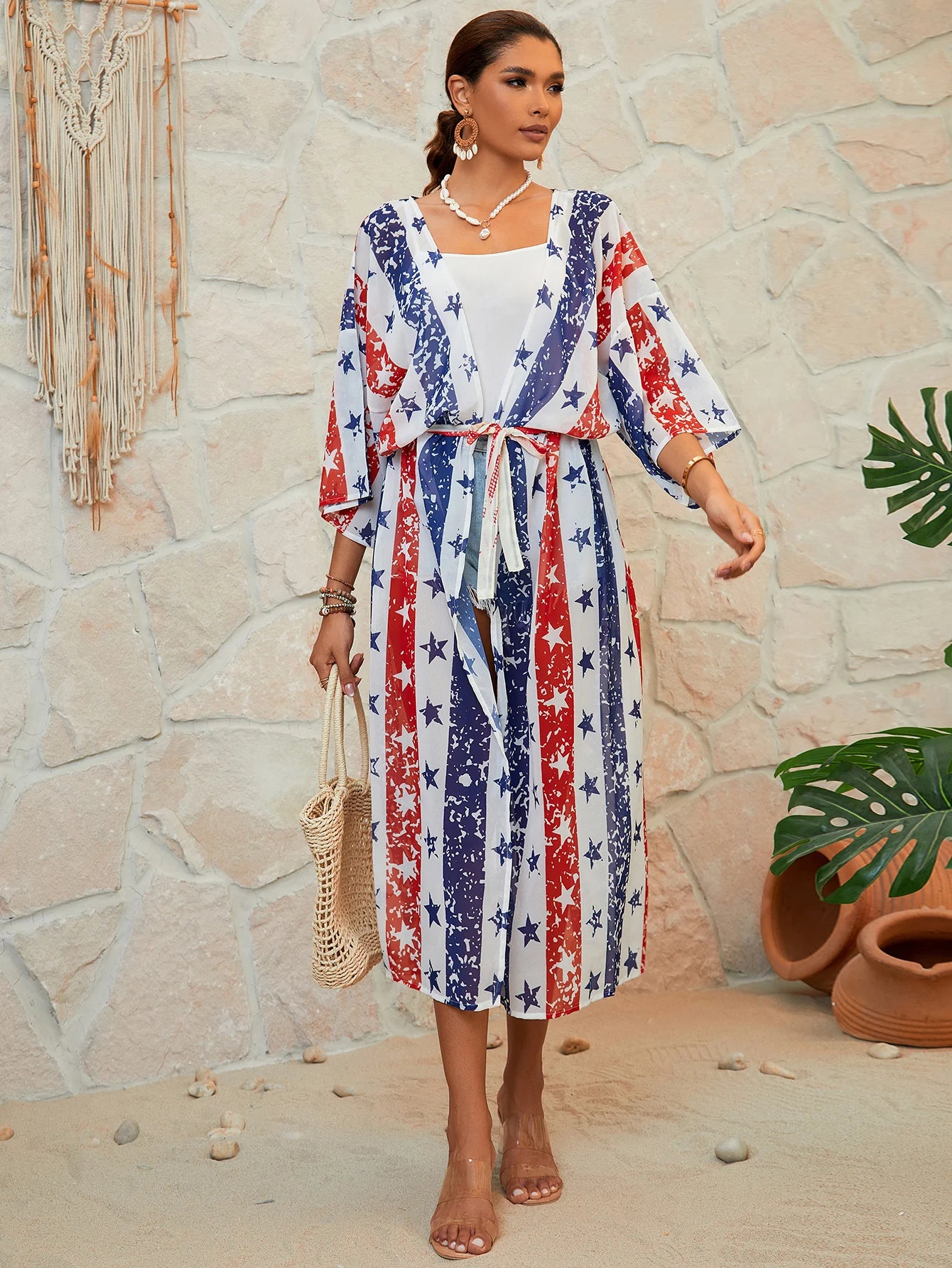 American Flag Maxi Cover Up Kimono Sunset and Swim Red/White/Blue 2 One Size 