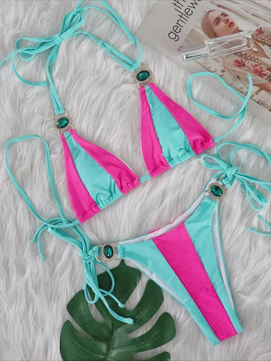 Esmeralda Halter Jewelled Diamond Bikini Sunset and Swim Pink/Mint S 