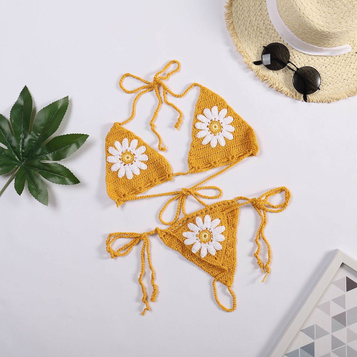 Daisy Dreams Thong String Micro Crochet Bikini  Sunset and Swim Yellow S 