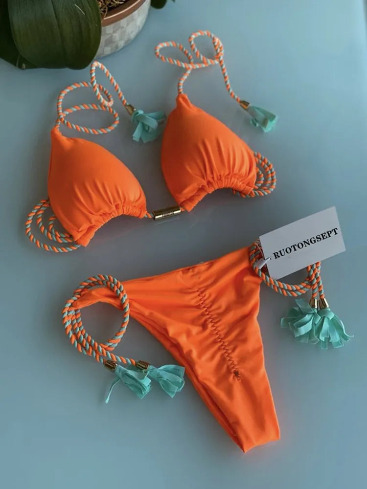 Aurora Tassel Side Tie Halter Bikini  Sunset and Swim Orange 2 L 