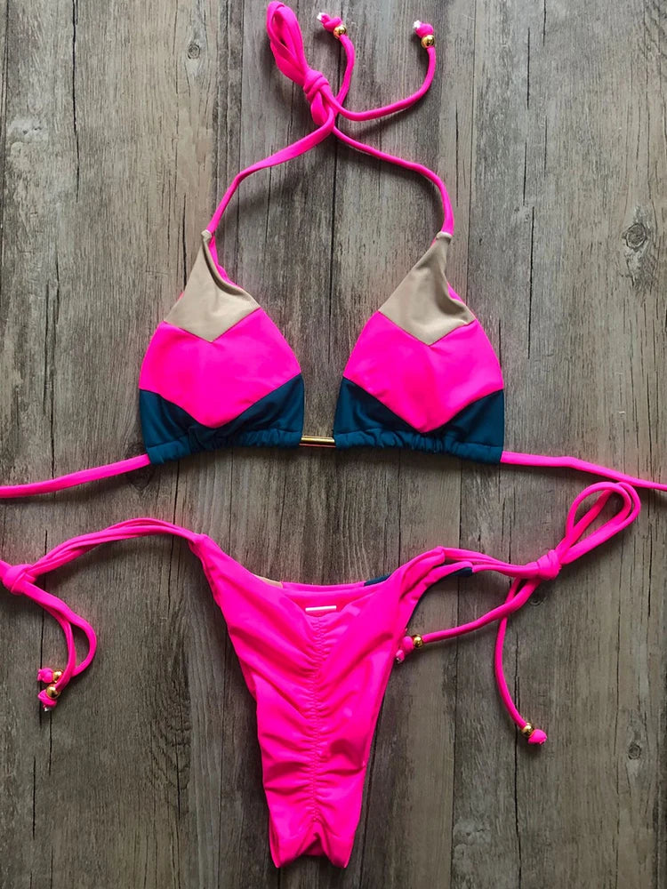 Coastal Colorblock Brazilian Bikini Set Sunset and Swim Pink/Black M 