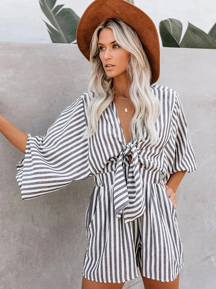 Sunset Strolls Tie-Front Romper Sunset and Swim