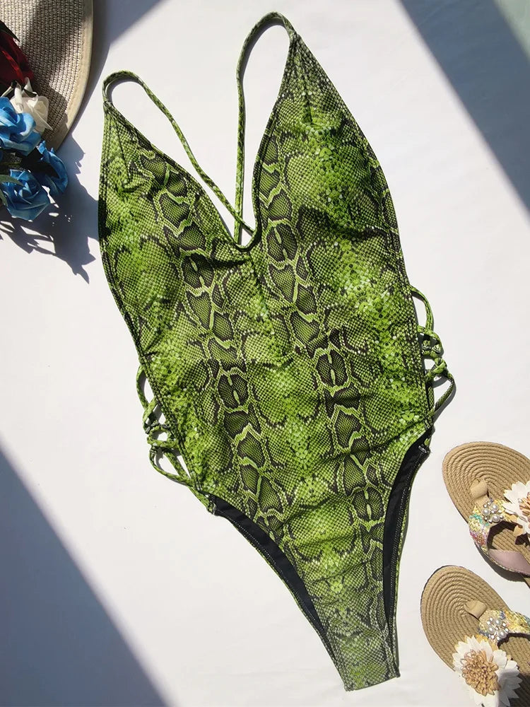 Snake Print V Neck Strappy Swimsuit