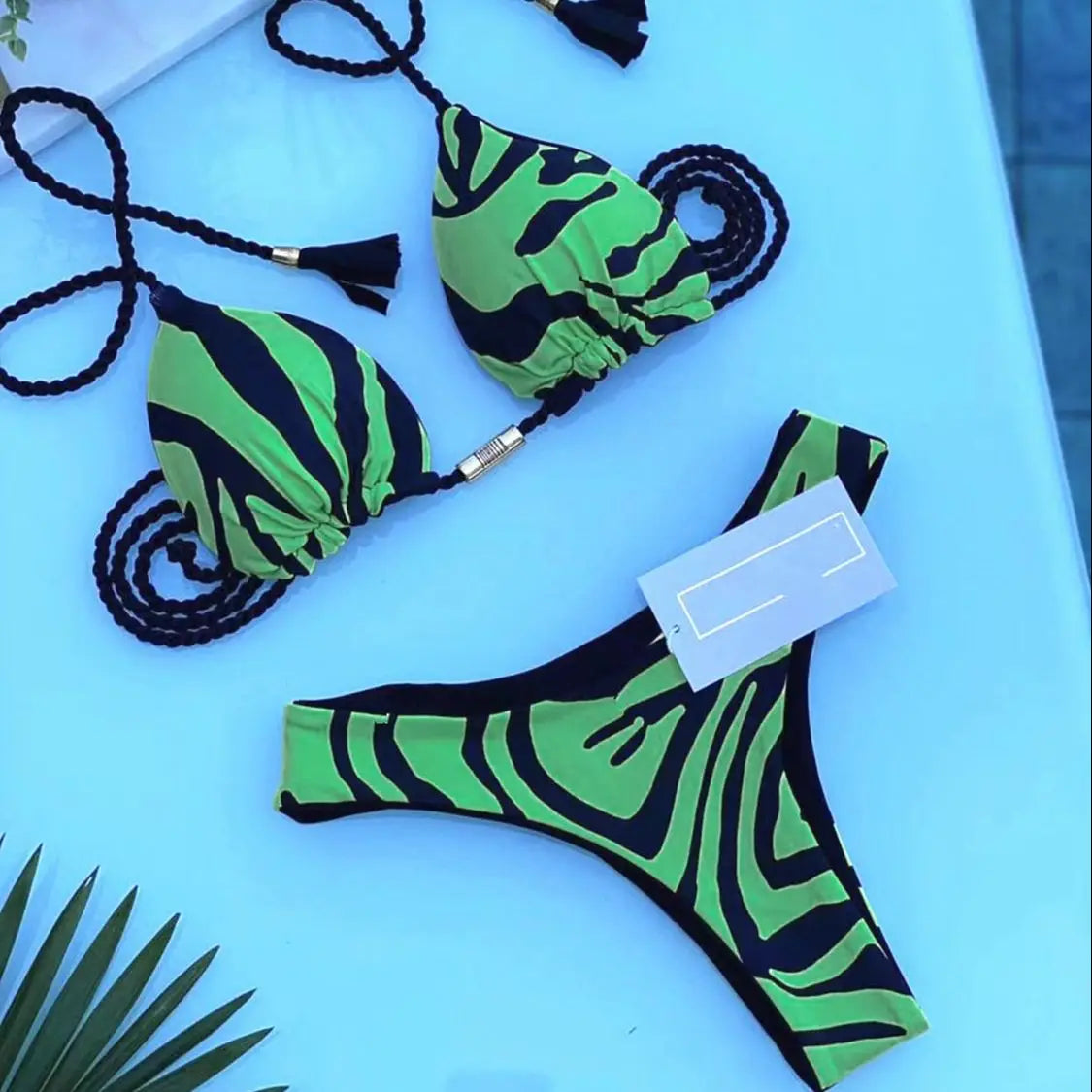 Isabella Tassel Side Tie Halter Bikini  Sunset and Swim Green/Black 2 S 