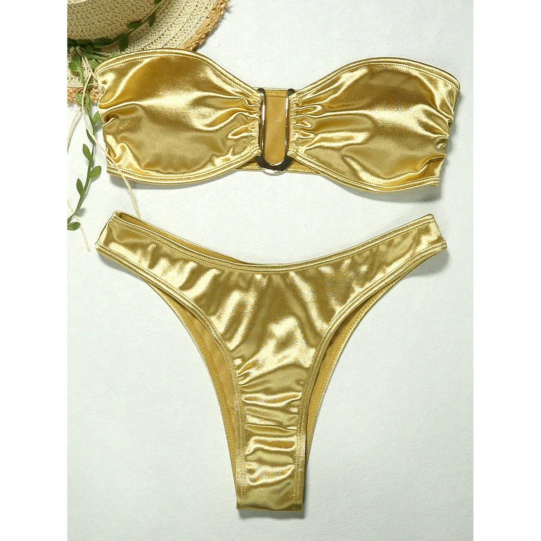 Sunset and Swim Glossy Bandeau Strapless Bikini  Sunset and Swim Gold S 