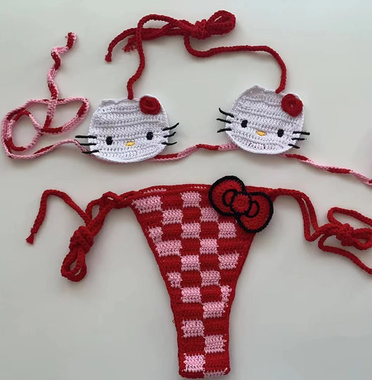 Cute Handmade Pink & Red Mini Crochet Bikini  Sunset and Swim   