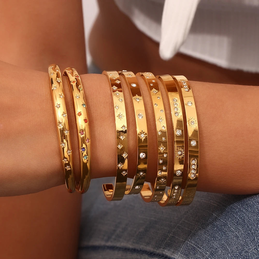 Gold Plated Waterproof Shiny Star & Moon Crystal Cuff Bangles Sunset and Swim   