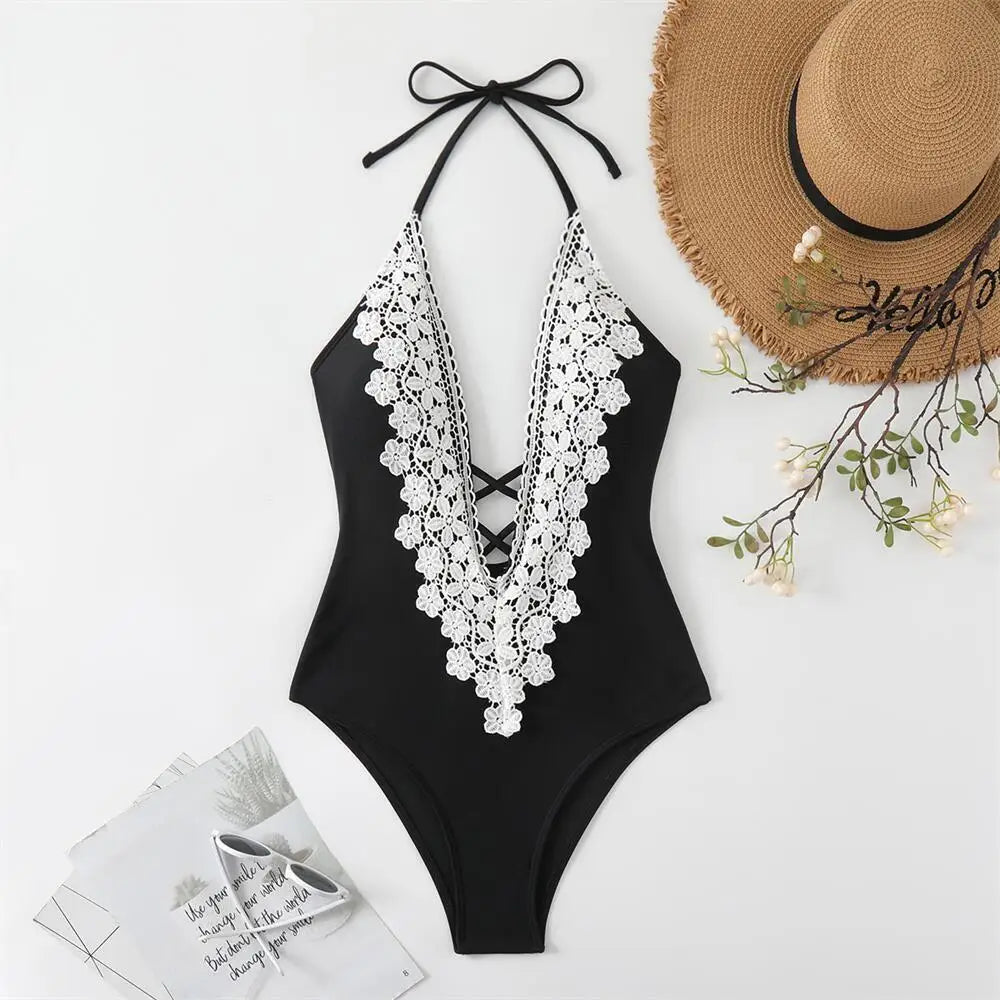 Deep Plunge Lace One Piece Swimsuit Sunset and Swim