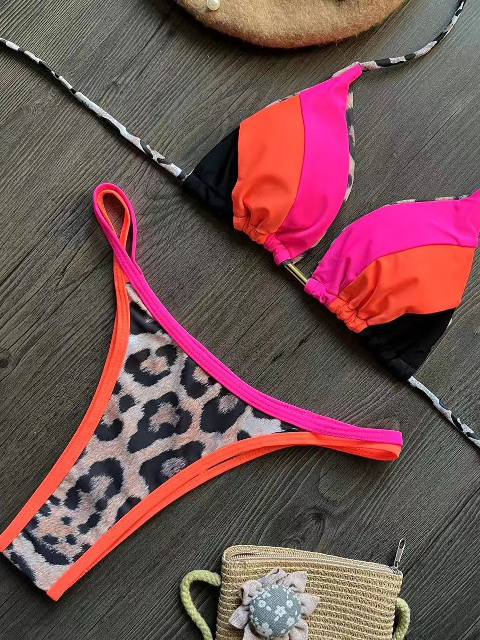 Neon Leopard Colorblock Brazilian Bikini Sunset and Swim Black/Orange/Pink S 