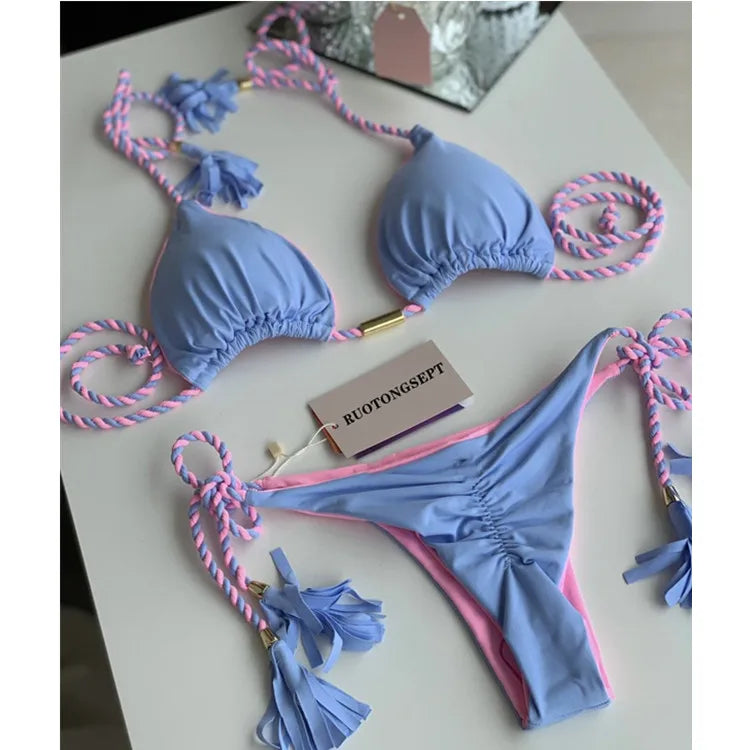 Isabella Tassel Side Tie Halter Bikini  Sunset and Swim Baby Blue S 