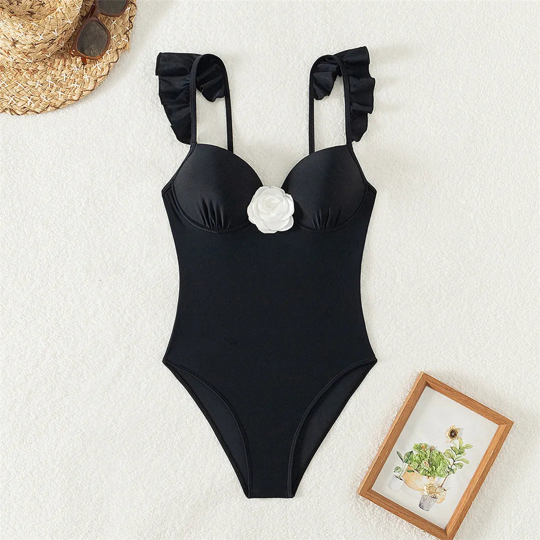 Elegance in Bloom One-Piece Swimsuit Sunset and Swim Black S 