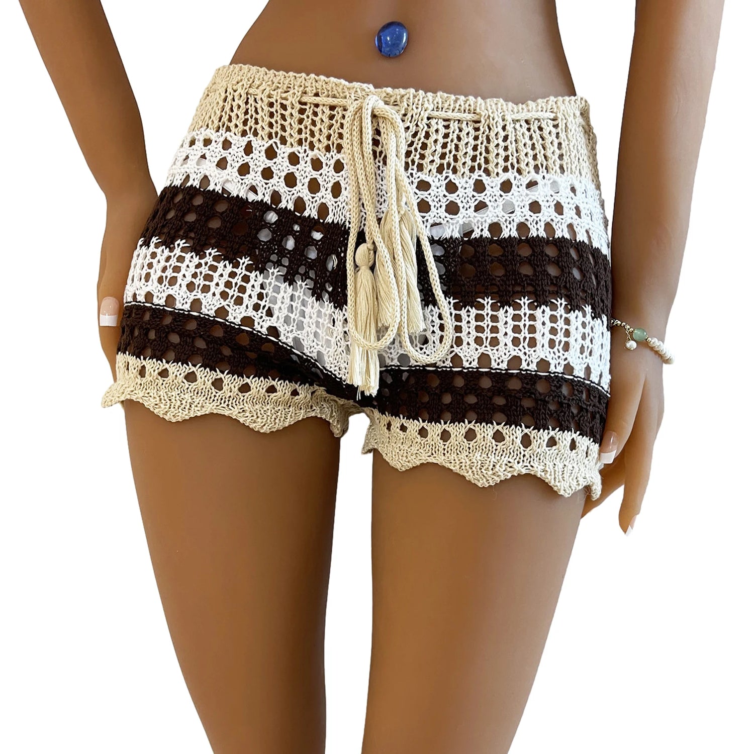 Sun-Kissed Waves Striped Crochet Shorts Sunset and Swim Brown S 