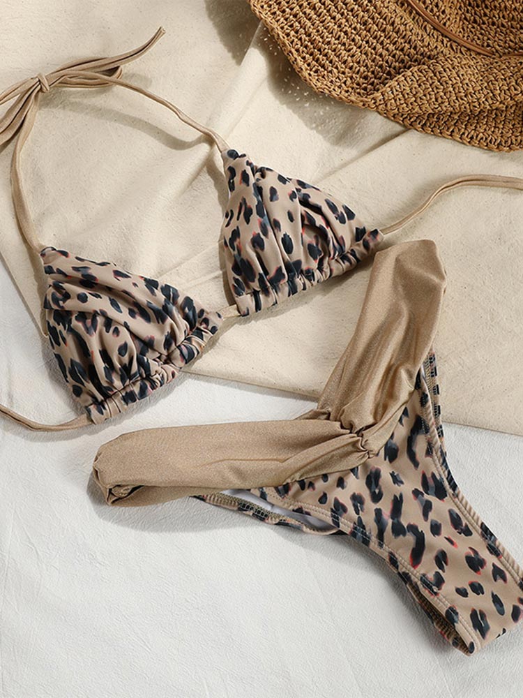 Exclusive Ruched Brazilian Triangle Bikini  Sunset and Swim Champagne Leopard S 