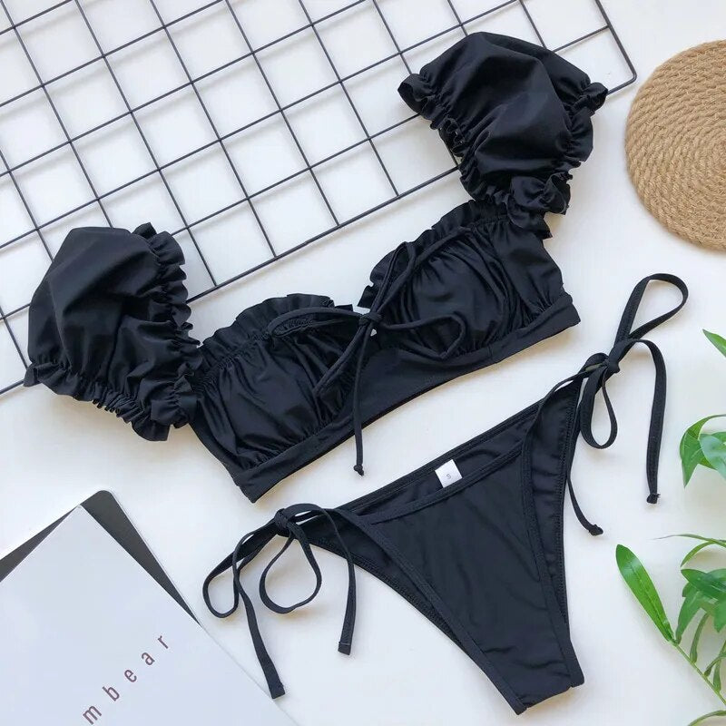Sunkissed Puff Sleeve Bikini Set  Sunset and Swim Black S 