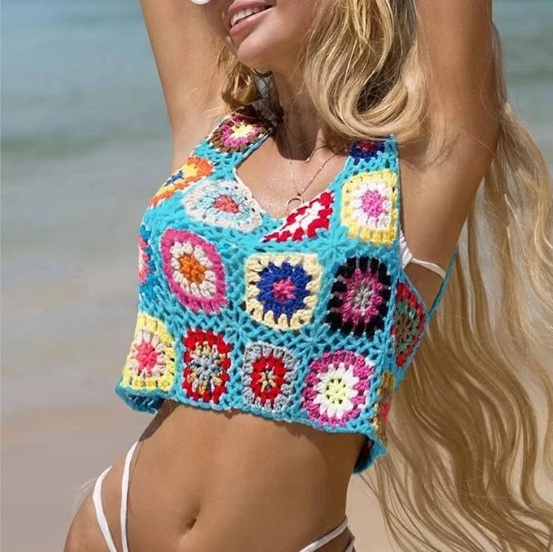 Sun-Kissed Crochet Beachscape Cover Up Top  Sunset and Swim Turquoise One Size 