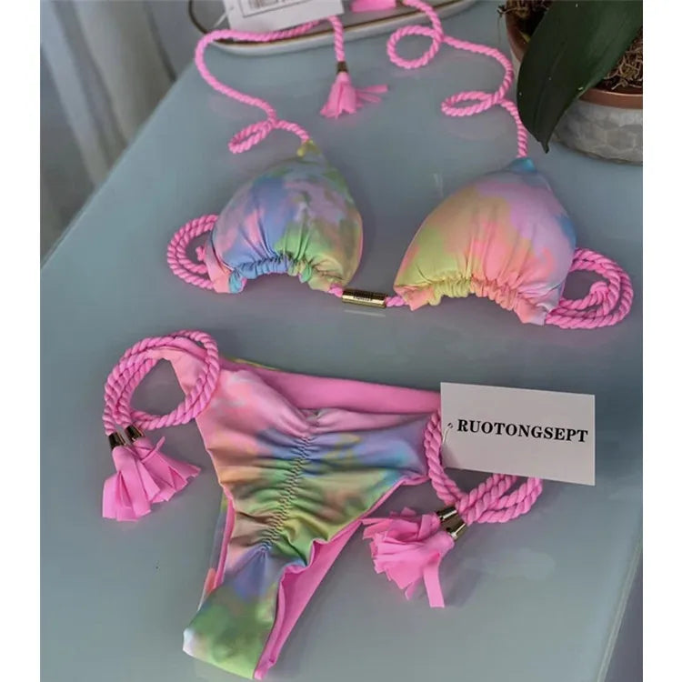 Isabella Tassel Side Tie Halter Bikini  Sunset and Swim Pink/Mixed S 