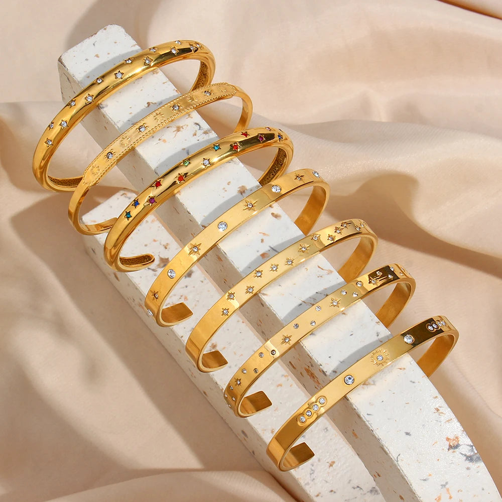 Gold Plated Waterproof Shiny Star & Moon Crystal Cuff Bangles Sunset and Swim   