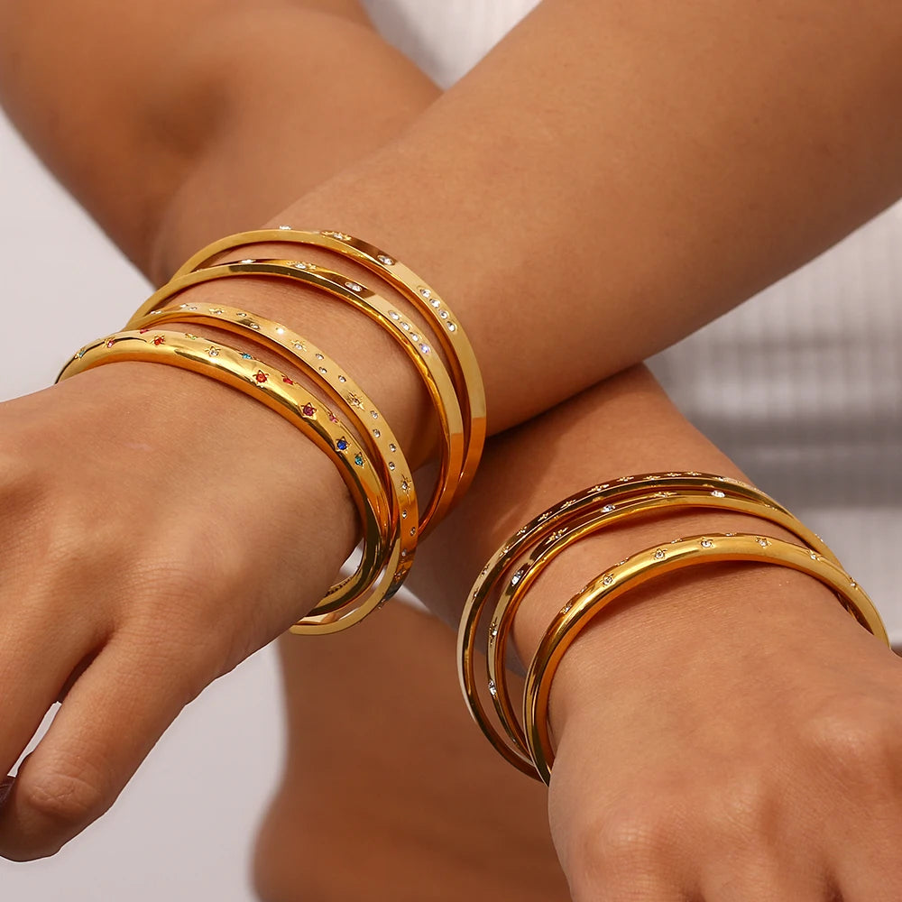 Gold Plated Waterproof Shiny Star & Moon Crystal Cuff Bangles Sunset and Swim   