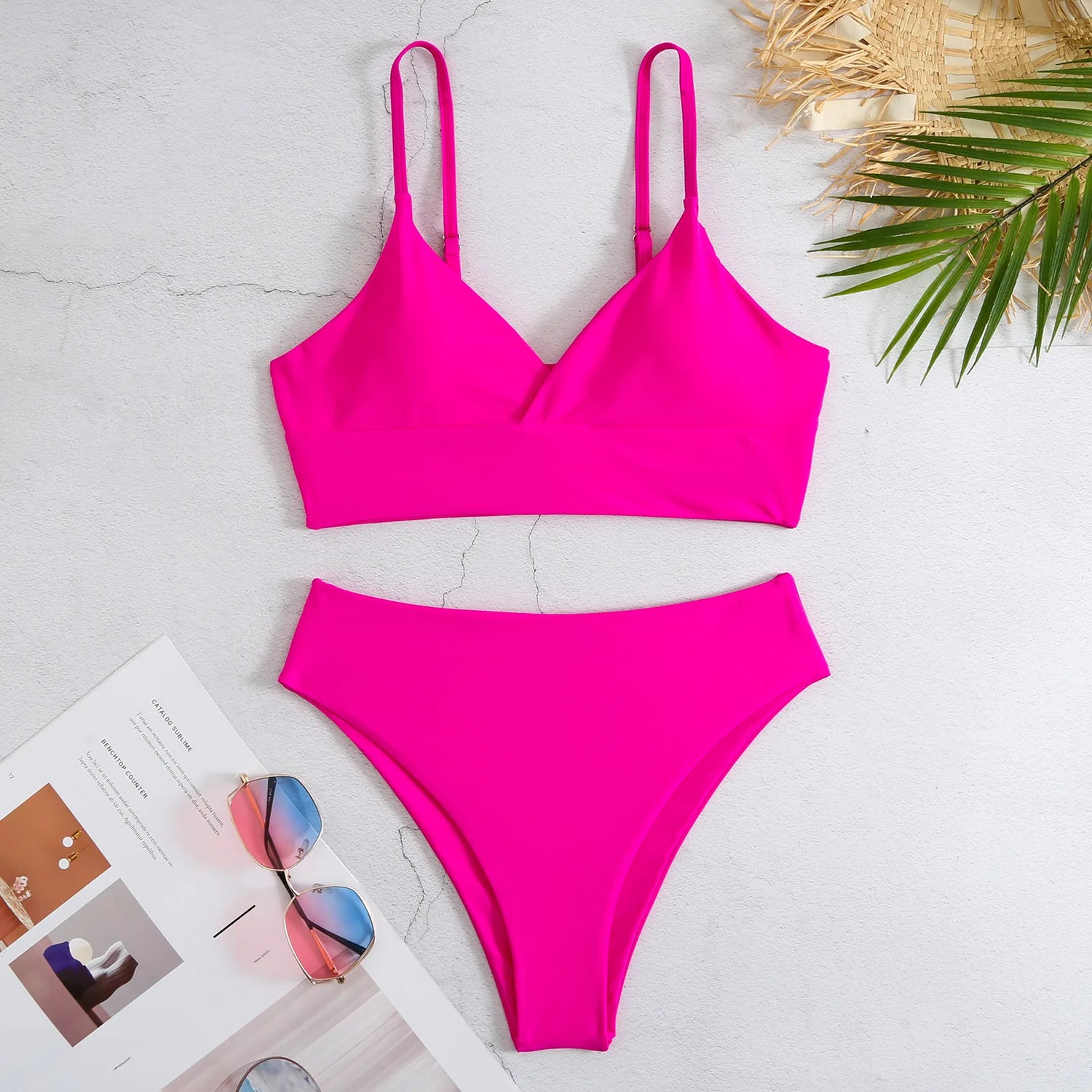 Amy Solid High Waist Bikini  Sunset and Swim Hot Pink S 