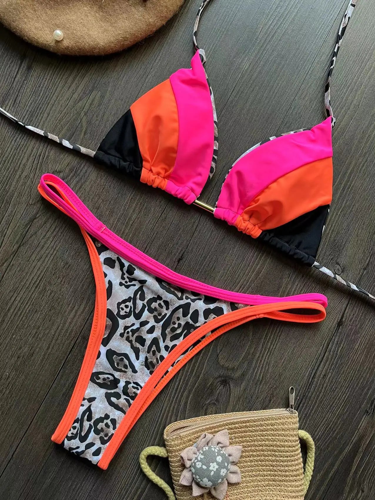 Neon Leopard Colorblock Brazilian Bikini Sunset and Swim   