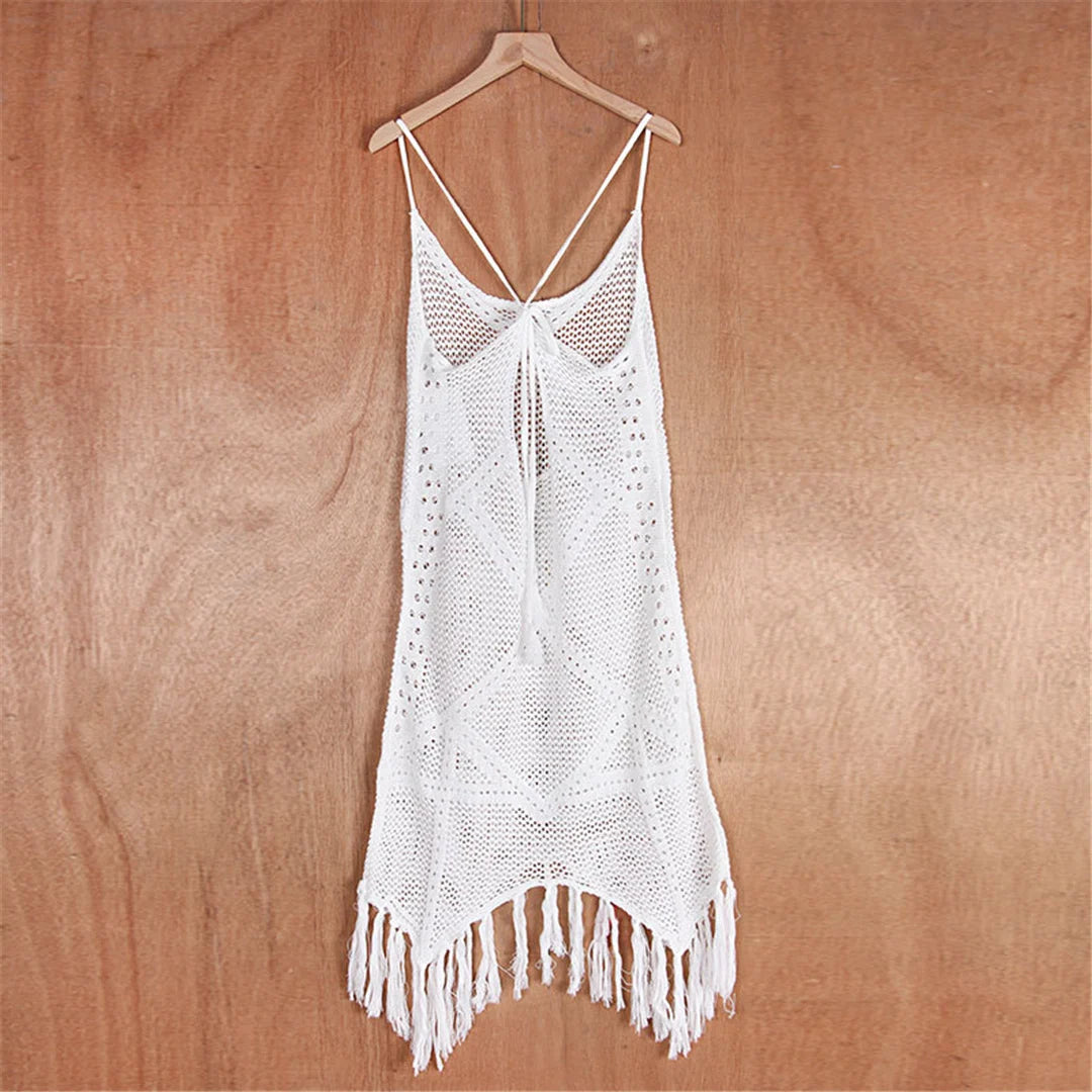 Bora Bora Fringe Tassel Hollow Out Knitted Tunic Beach Cover Up Sunset and Swim   
