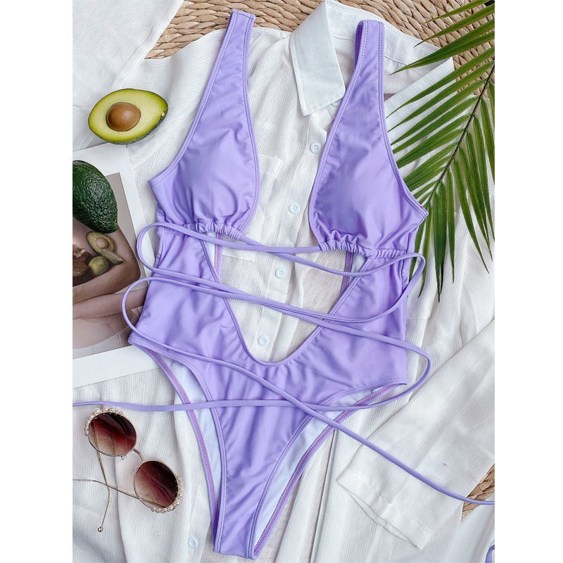 Hailey Strappy Waist Cut Out Swimsuit Sunset and Swim Purple S 