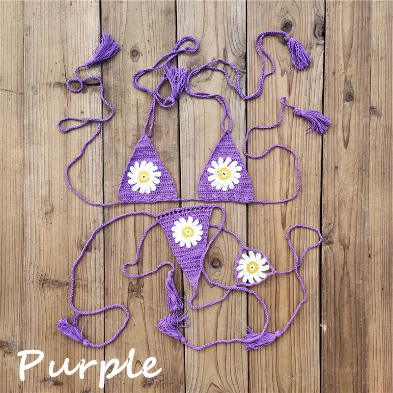 Island Dream Floral Crochet String Bikini  Sunset and Swim Purple One Size 