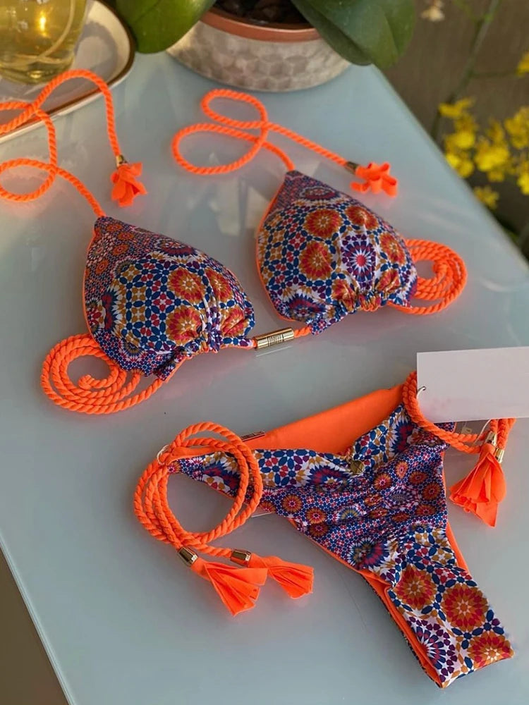 Aurora Tassel Side Tie Halter Bikini  Sunset and Swim Orange/Mixed S 