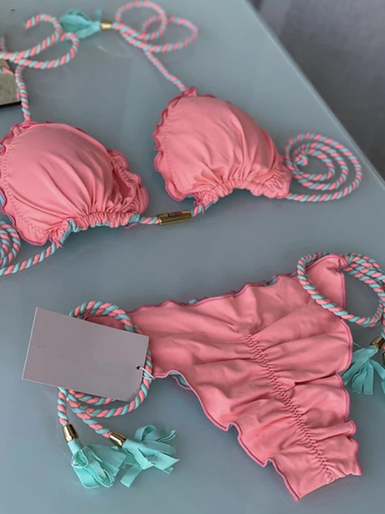Penelope Ruffled Triangle Bikini Set  Sunset and Swim Pink L 