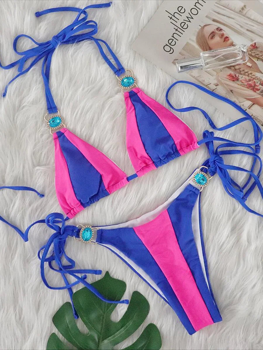 Esmeralda Halter Jewelled Diamond Bikini Sunset and Swim Blue/Pink S 