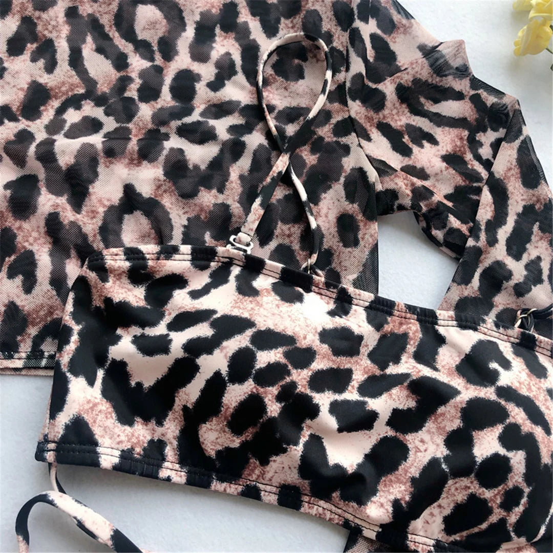 3 Piece Set Leopard Long Sleeve Cover Up Bikini Sunset and Swim