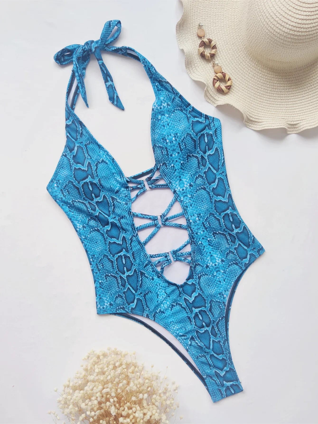 Snake Print Deep Plunge Cut Out Swimsuit