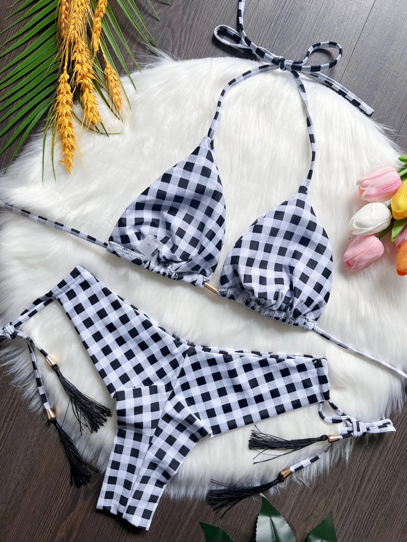 Seaside Picnic Gingham Triangle Bikini Sunset and Swim