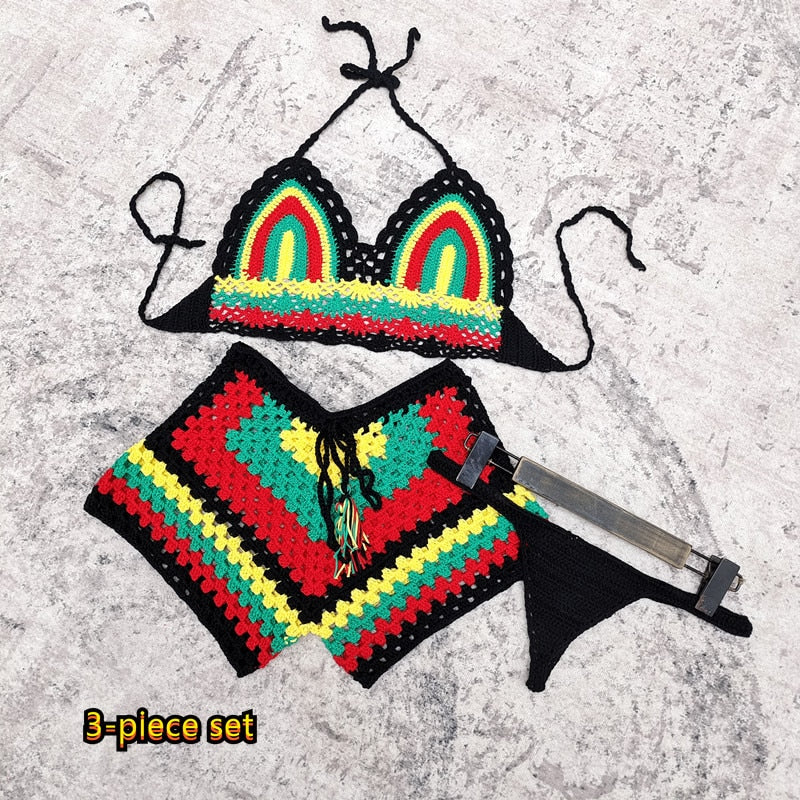 Rainbow Harmony Bohemian Crochet Bikini Set  Sunset and Swim Unlined Bikini 3PCS S 