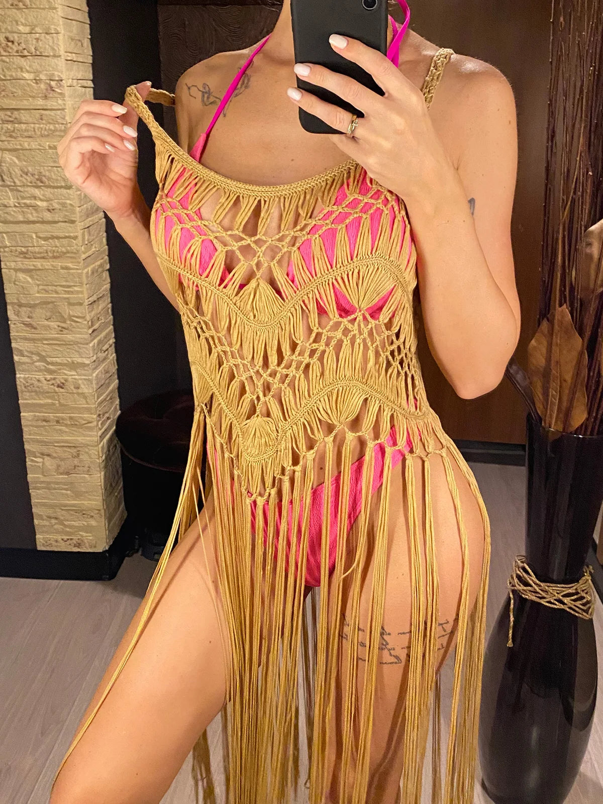 Fringe Tassel Crochet Beach Cover Up Dress Sunset and Swim Khaki One Size