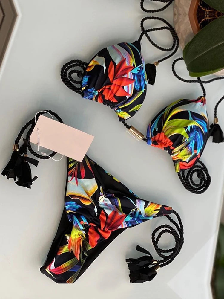 Aurora Tassel Side Tie Halter Bikini  Sunset and Swim Black/Mixed S 