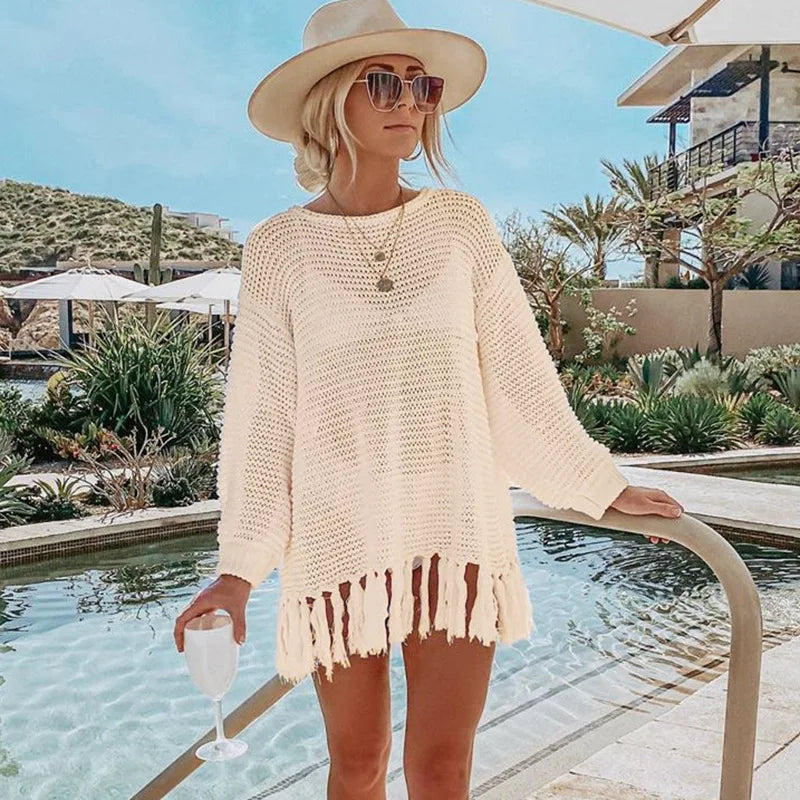Boho Dreams Knitted Tassel Beach Blouse Sunset and Swim Apricot One Size 
