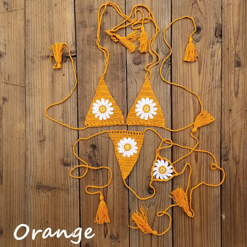 Island Dream Floral Crochet String Bikini  Sunset and Swim Orange One Size 