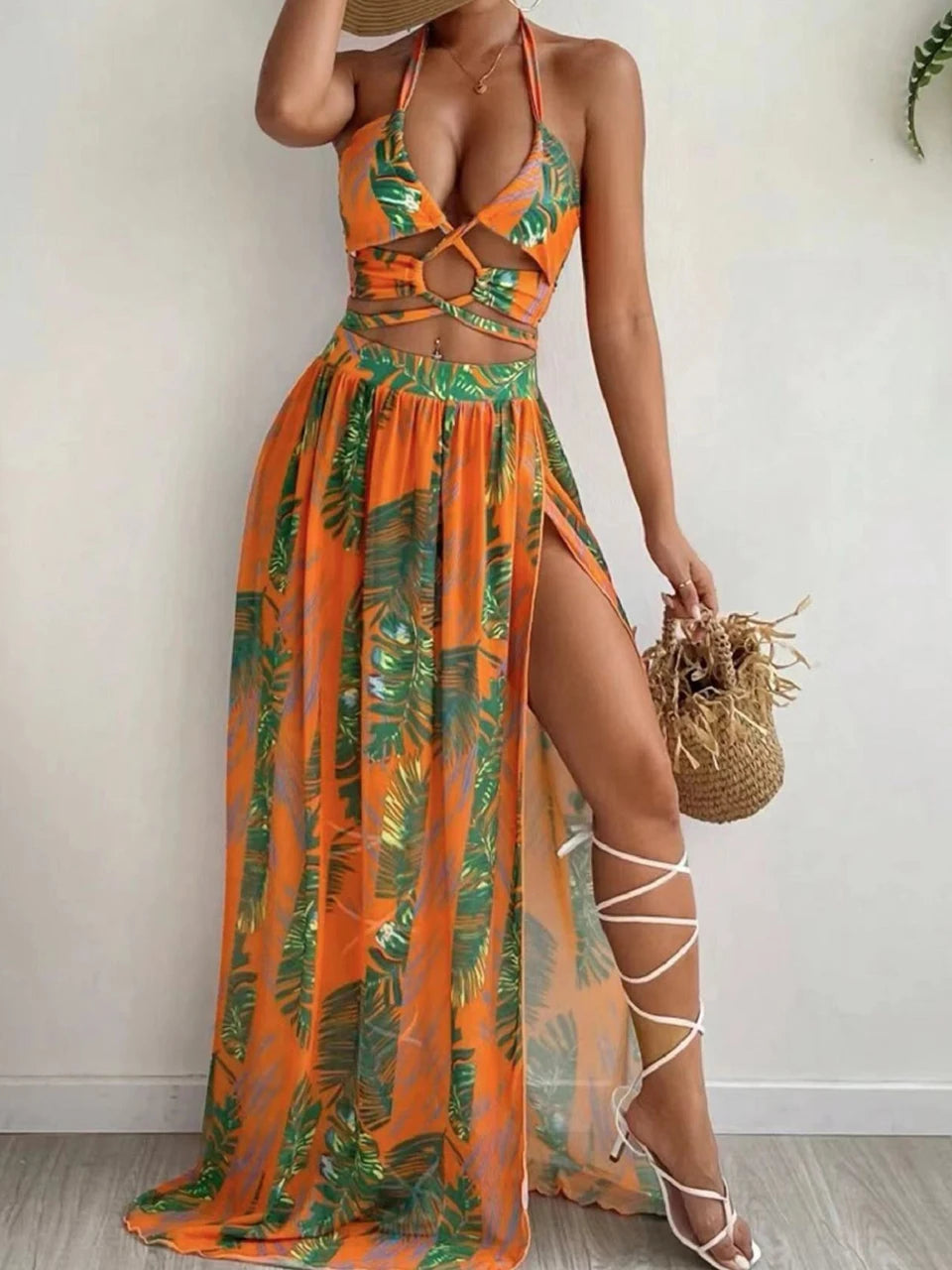 Bahamas Vacation 3 Piece Cover Up Skirt Set  Sunset and Swim Orange L 