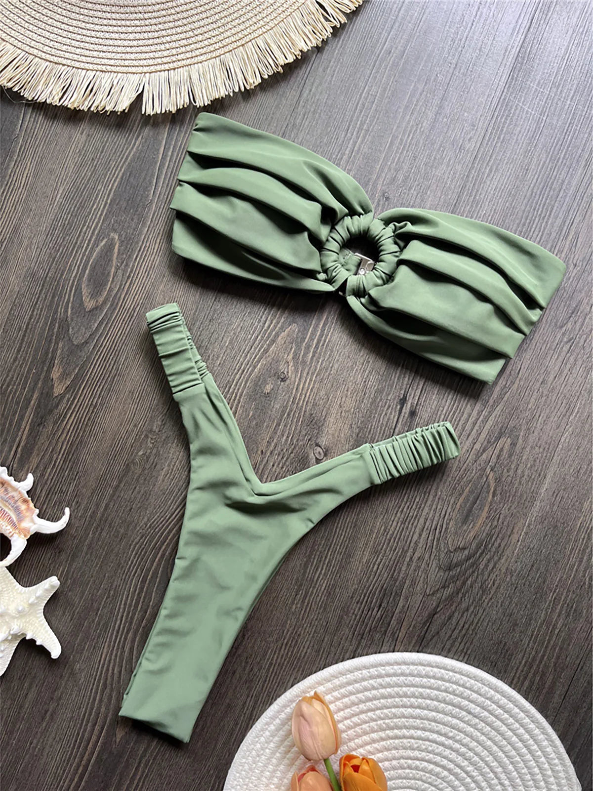 Sea Breeze Stunner Bandeau High Cut Micro Thong Bikini Sunset and Swim Army Green S 