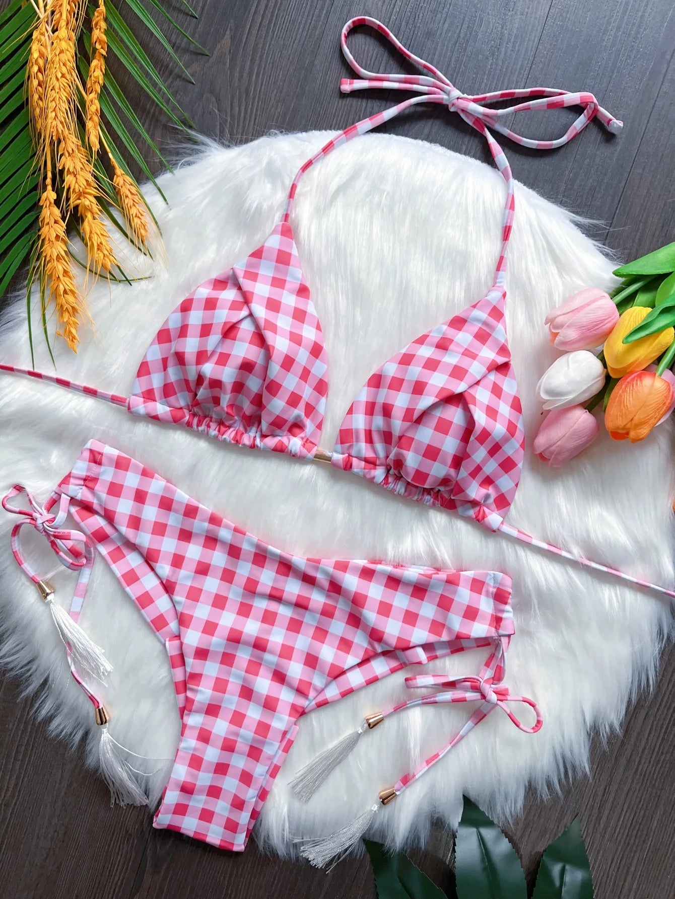 Seaside Picnic Gingham Triangle Bikini Sunset and Swim Red S