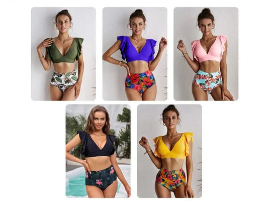 video! Sexy High-waisted Split Swimsuit Corrugated edge Bikini Swimsuit Beach Swimwear  Sunset and Swim   