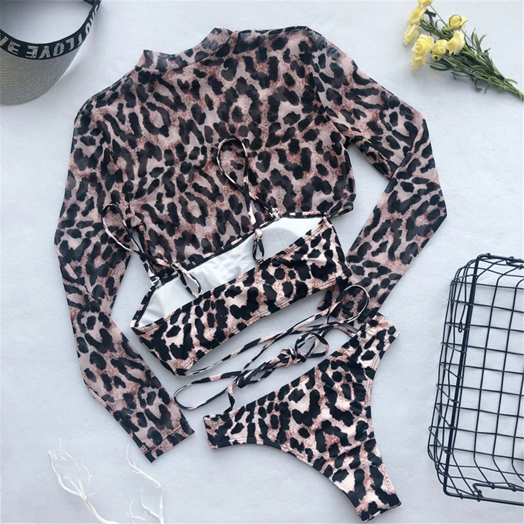 3 Piece Set Leopard Long Sleeve Cover Up Bikini Sunset and Swim