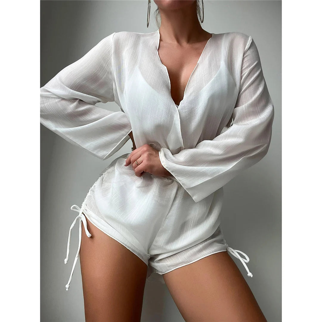 Vacation Time Deep V Neck Long Sleeve Beach Cover Up Romper Sunset and Swim   