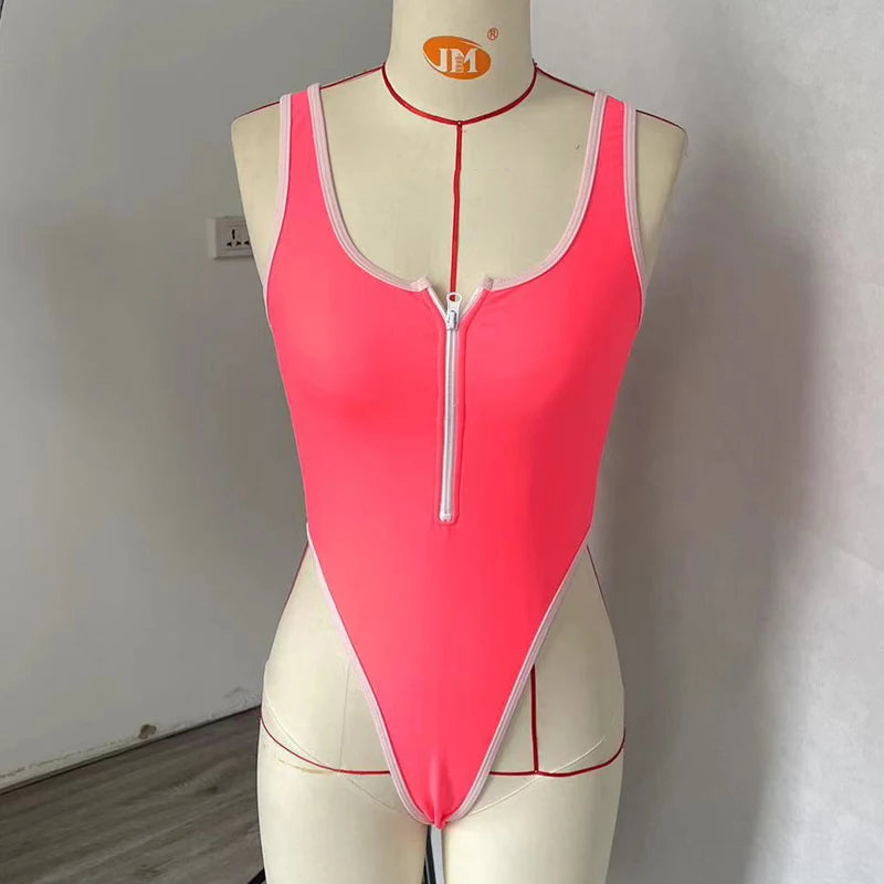 Exotic Pink One Piece Brazilian Cut Zipper Swimsuit Sunset and Swim   