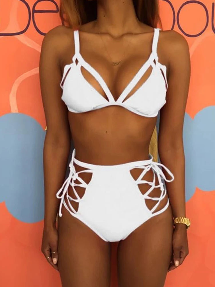 Palm Beach Goddess High Waisted Cut Out Strappy Bikini  Sunset and Swim White S 