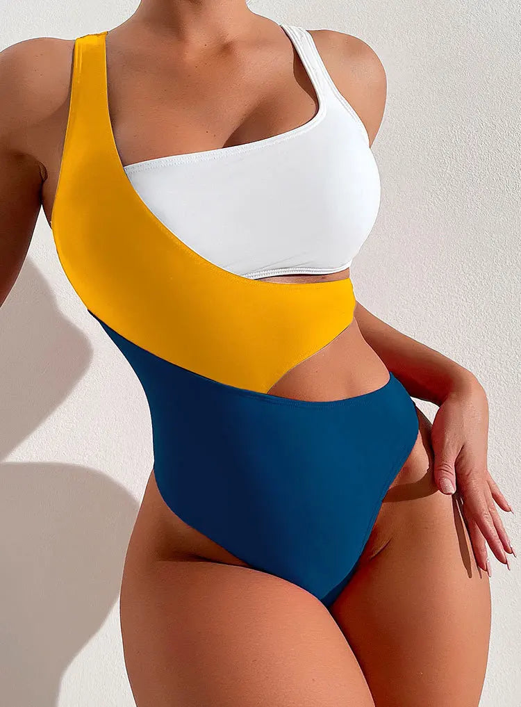 Celine Cut Out Color Block Swimsuit Sunset and Swim White/Yellow/Blue M 