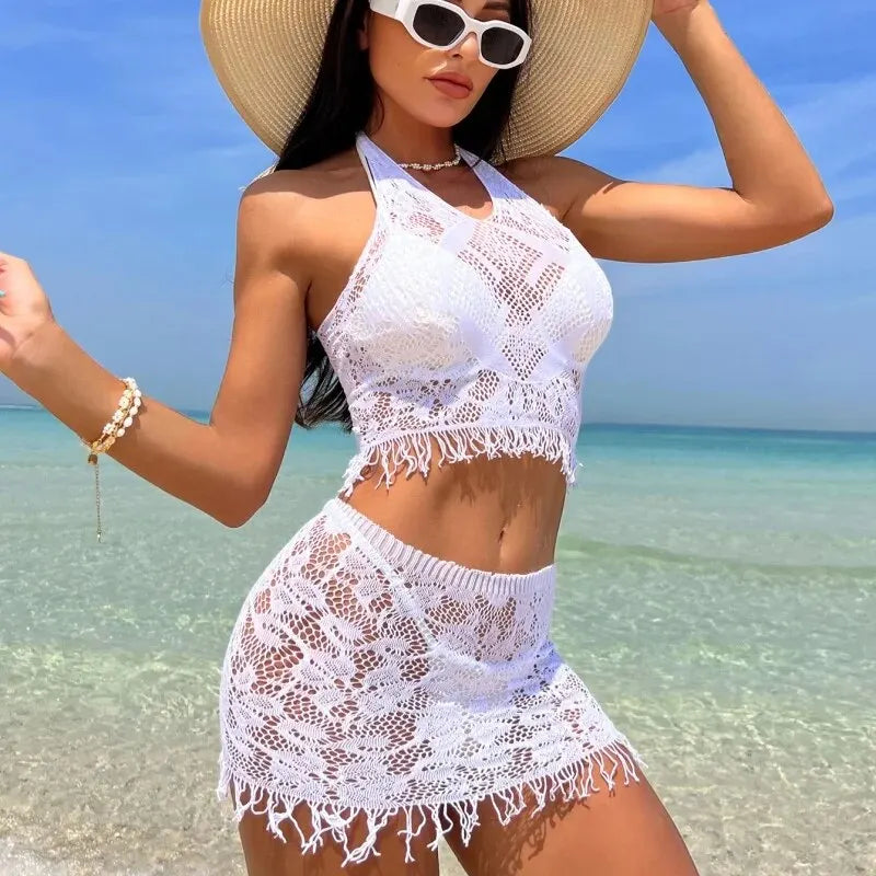 Sun-Kissed Fishnet Lace Top and Skirt Cover Up  Sunset and Swim   