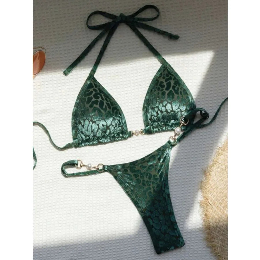 Wild Allure Sexy Leopard Micro Velvet Thong Bikini  Sunset and Swim Green S 